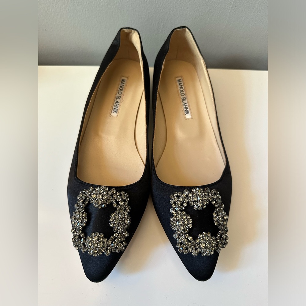 Manolo Blahnik black Hangisi Crystal-Buckle Satin Flat